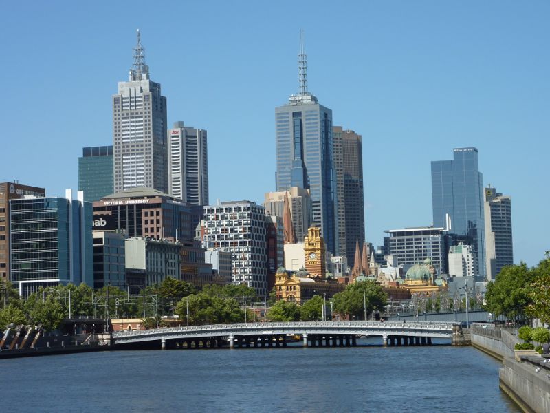 Southbank - Yarra Promenade and Yarra River - View east along Yarra River towards Queens Bridge and city skyline
