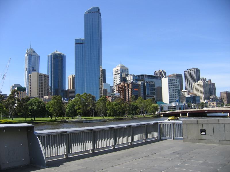 Southbank - Yarra Promenade and Yarra River: View across Yarra River towards Batman Park and Rialto Towers