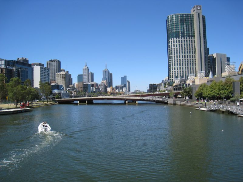 Southbank - Yarra Promenade and Yarra River: View east along Yarra river towards Kings Bridge and Crown Towers