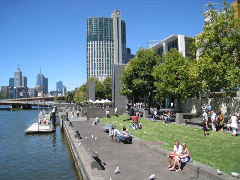 Southbank - Yarra Promenade and Yarra River: View east along Yarra Promenade and Yarra River towards Crown Towers