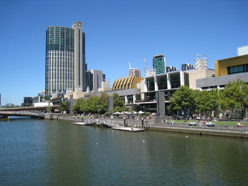 Southbank - Yarra Promenade and Yarra River: View towards Yarra Promenade and Crown Towers from Spencer Street Bridge