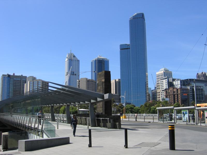 Southbank - Spencer Street Bridge: View north along Spencer Street Bridge towards city skyline and Rialto Towers