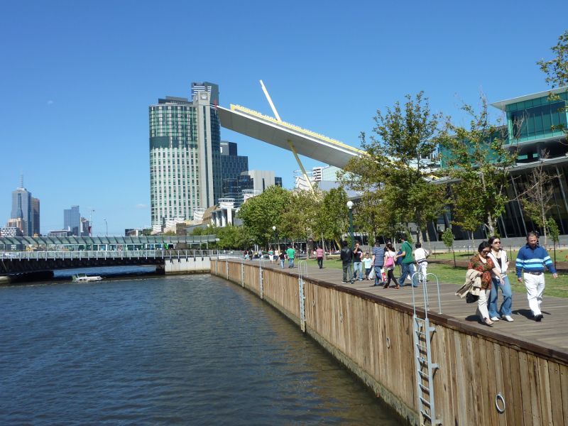 Southbank - South Wharf: View east along Yarra River at Melbourne Exhibition Centre towards Spencer Street Bridge