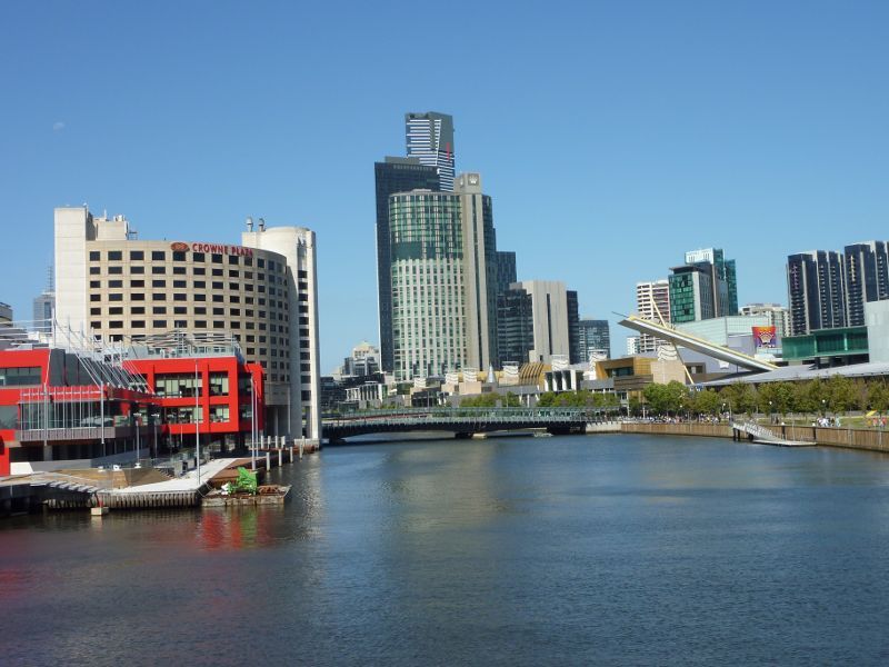 Southbank - South Wharf: View east along Yarra River towards World Trade Centre Wharf and Spencer Street Bridge