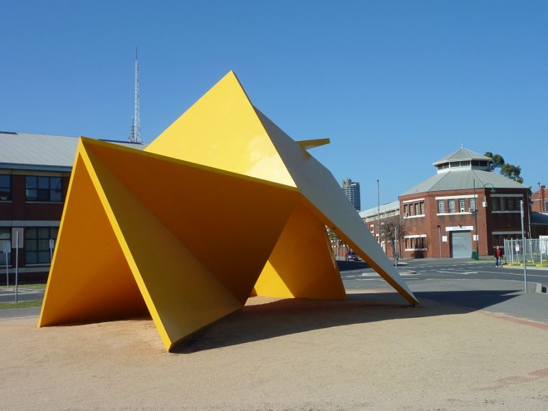 Southbank - Southbank Boulevard, Sturt Street and Grant Street: Vault (Yellow Peril) sculpture, corner Grant St and Dodds St