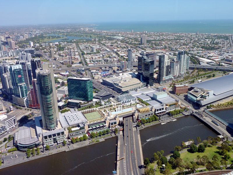 Southbank - Aerial view from north side of Yarra River: Crown Entertainment Complex and Melbourne Exhibition Centre