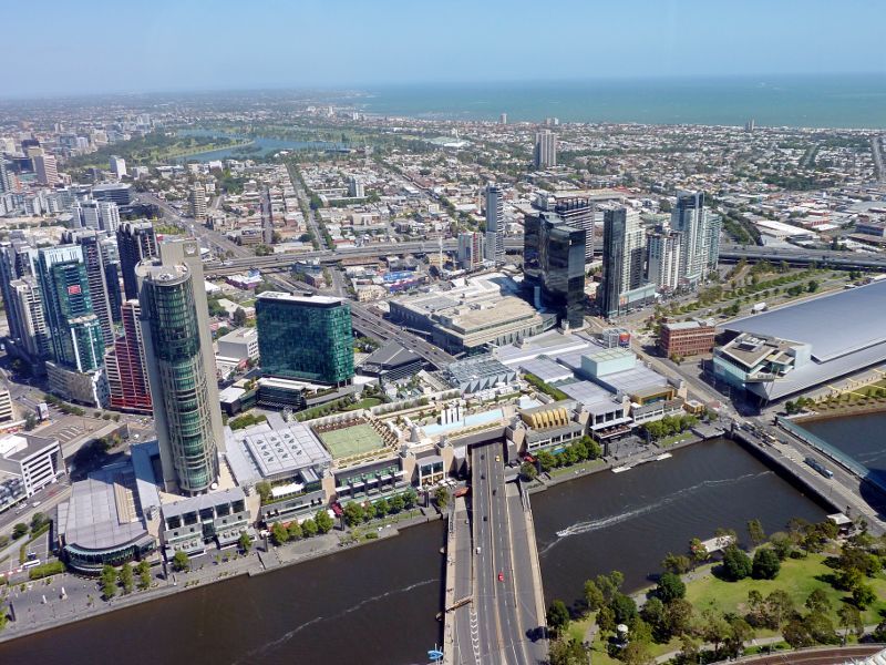 Southbank - Aerial view from north side of Yarra River - Crown Entertainment Complex and Melbourne Exhibition Centre