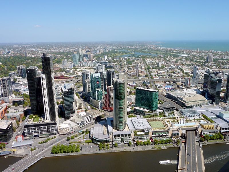 Southbank - Aerial view from north side of Yarra River: Crown Entertainment Complex and Queensbridge Square