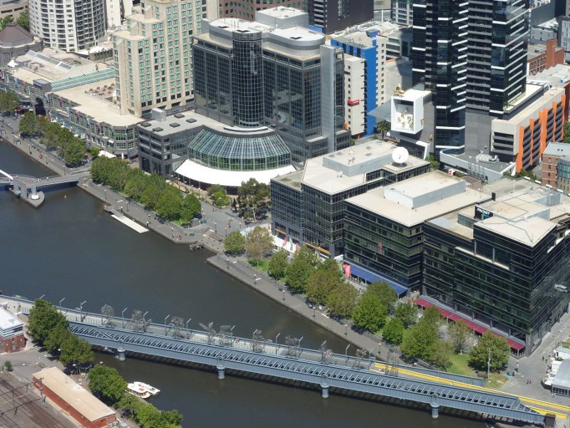 Southbank - Aerial view from north side of Yarra River: Southbank Promenade and Sandridge Bridge