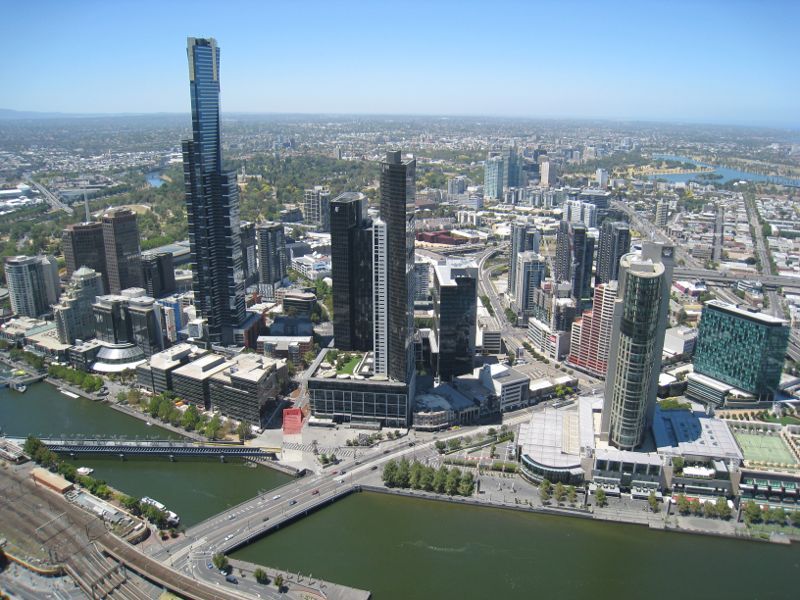 Southbank - Aerial view from north side of Yarra River: Eureka Tower, Queensbridge Square and Crown Towers