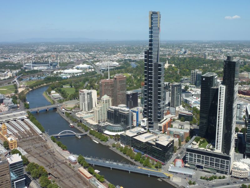 Southbank - Aerial view from north side of Yarra River: Yarra River, Southgate, Eureka Tower and Sandridge Bridge