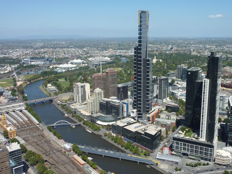 Southbank - Aerial view from north side of Yarra River - Yarra River, Southgate, Eureka Tower and Sandridge Bridge