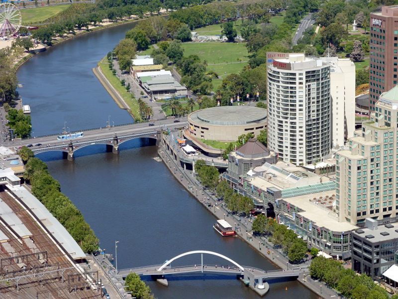 Southbank - Aerial view from north side of Yarra River: Princes Bridge, Hamer Hall, Southgate and Evan Walker Bridge