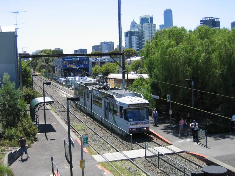 South Melbourne - South Melbourne tram station: View north along tram line from footbridge