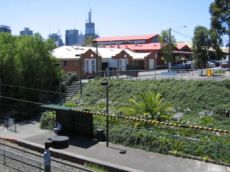 South Melbourne - South Melbourne tram station: View east towards Coventry St and South Melbourne Market from footbridge