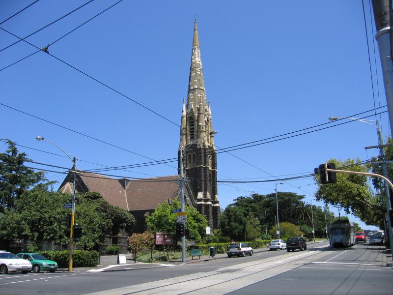 South Yarra - Toorak Road west of Punt Road: Christ Church, view west along Toorak Rd at Punt Rd