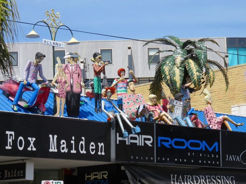 St Kilda - Acland Street shops: Sculptures on roof of Hair Room Salon, Acland St near Belford St