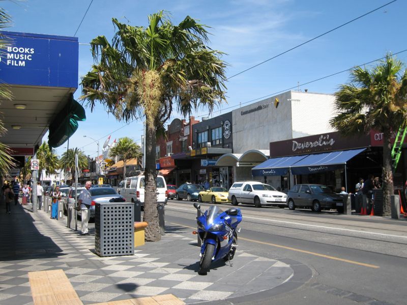 St Kilda - Acland Street shops: View south-east along Acland St at Belford St