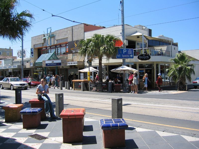 St Kilda - Acland Street shops: Shops along east side of Acland St at Belford St