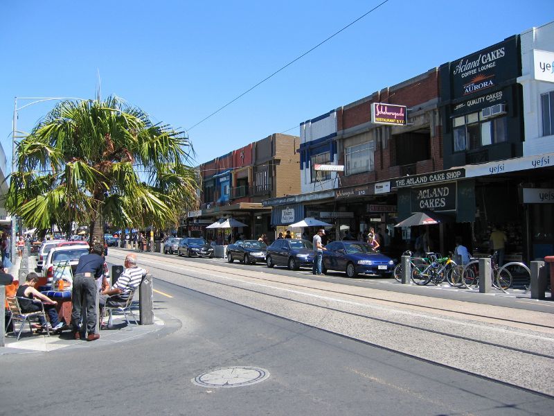 St Kilda - Acland Street shops: View south-east along Acland St at Irwell St