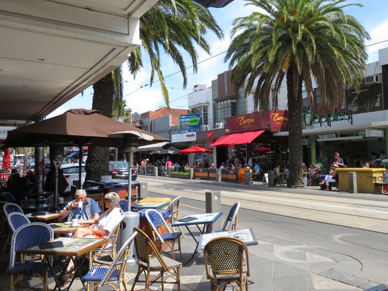 St Kilda - Acland Street shops: View south-east along Acland St at Shakespeare Gv