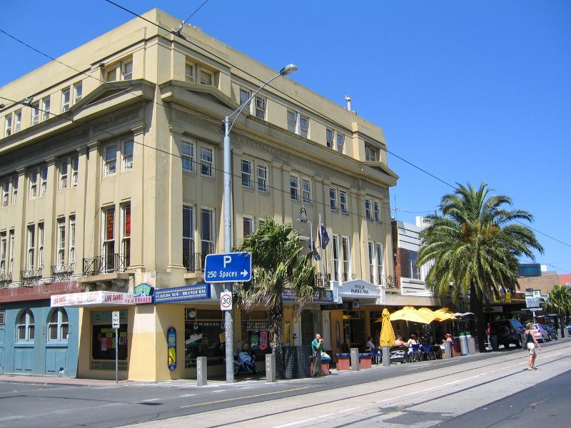St Kilda - Acland Street shops: St Kilda Memorial Hall, corner Acland St and Albert St