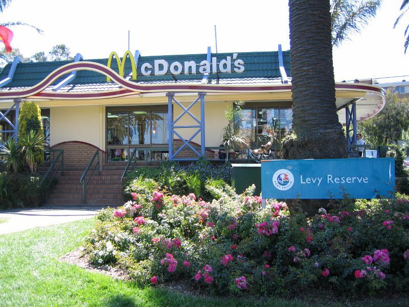 St Kilda - Acland Street shops: McDonalds at Levy Reserve, corner Acland St and The Esplanade