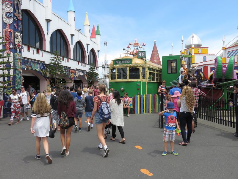St Kilda - Luna Park, The Esplanade: Party tram in front of food outlets