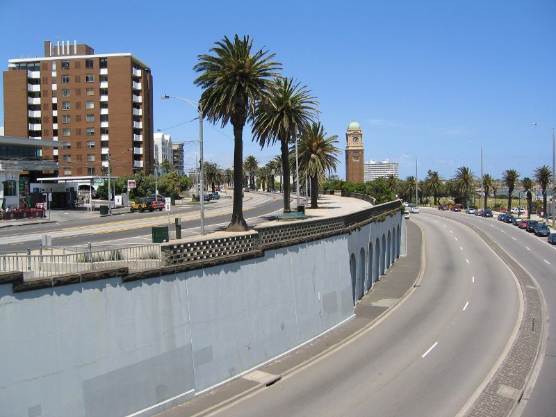 St Kilda - The Esplanade: South-easterly view along The Esplanade and Jacka Bvd from footbridge opposite Pollington St