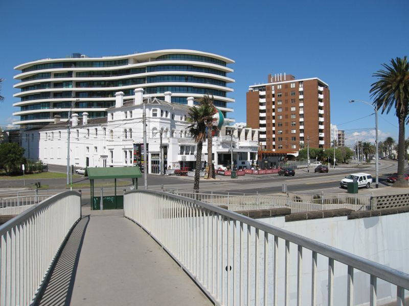 St Kilda - The Esplanade: Easterly view across footbridge towards Esplanade Hotel