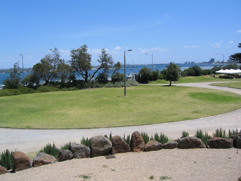 St Kilda - Catani Gardens, Beaconsfield Parade: Lawns at southern end of gardens overlooking St Kilda Harbour