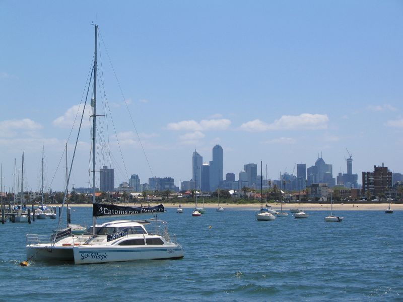 St Kilda - St Kilda Pier and St Kilda Harbour: Northerly view through harbour towards city skyline