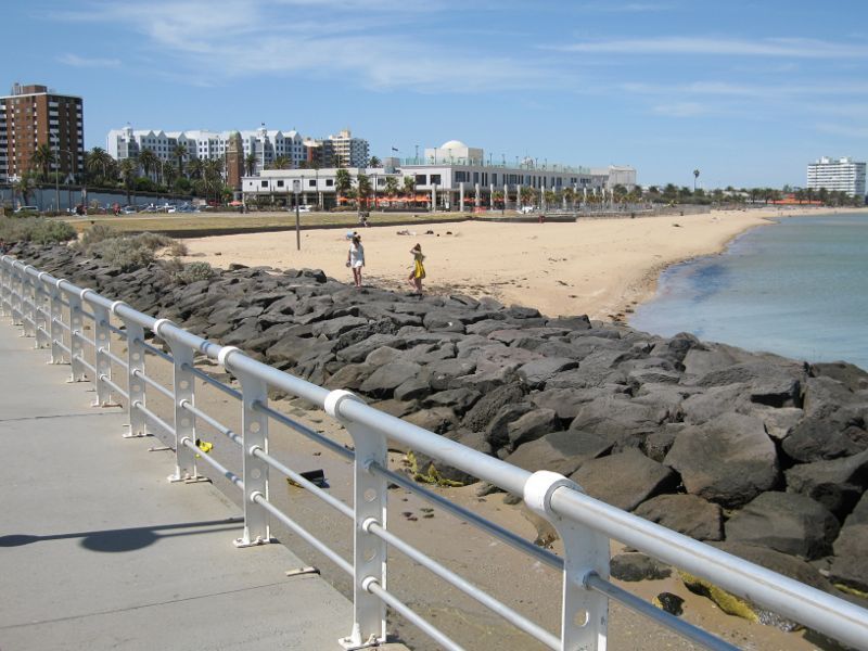 St Kilda - St Kilda Pier and St Kilda Harbour: View of beach and St Kilda Sea Baths from pier