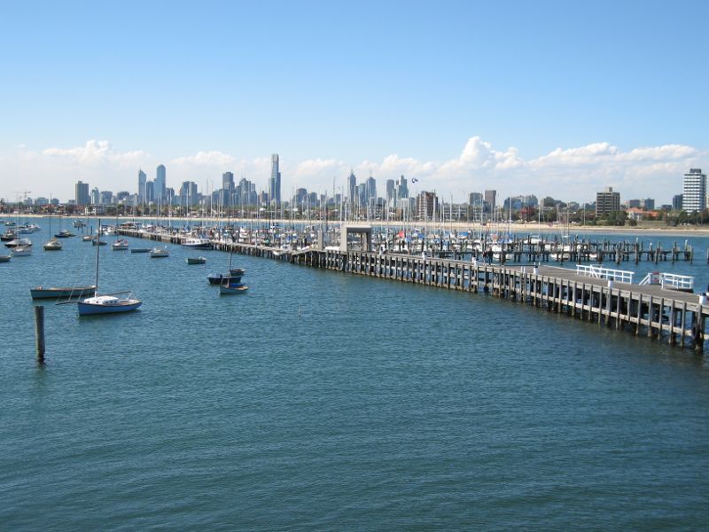 St Kilda - St Kilda Pier and St Kilda Harbour: View towards northern arm of pier and city skyline from kiosk