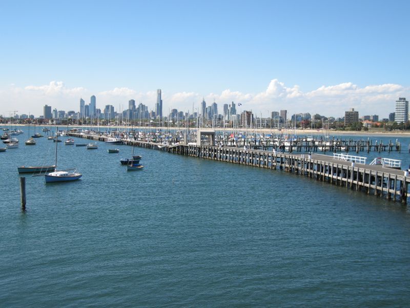 St Kilda - St Kilda Pier and St Kilda Harbour - View towards northern arm of pier and city skyline from kiosk