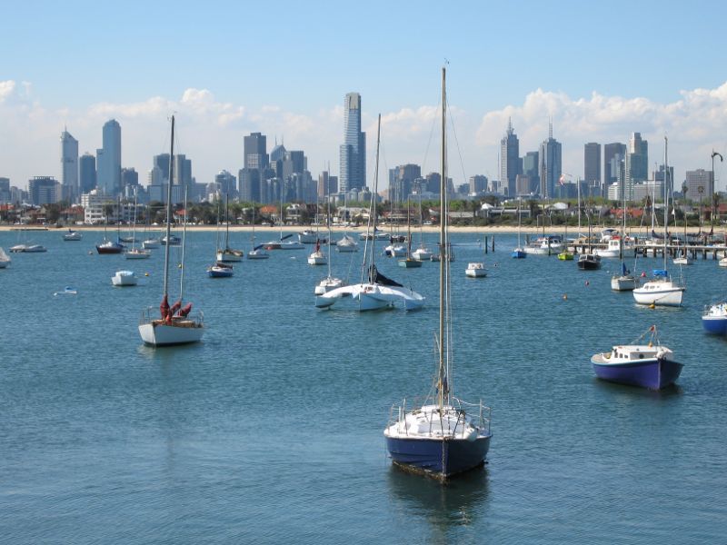St Kilda - St Kilda Pier and St Kilda Harbour: View across harbour towards city skyline from near kiosk