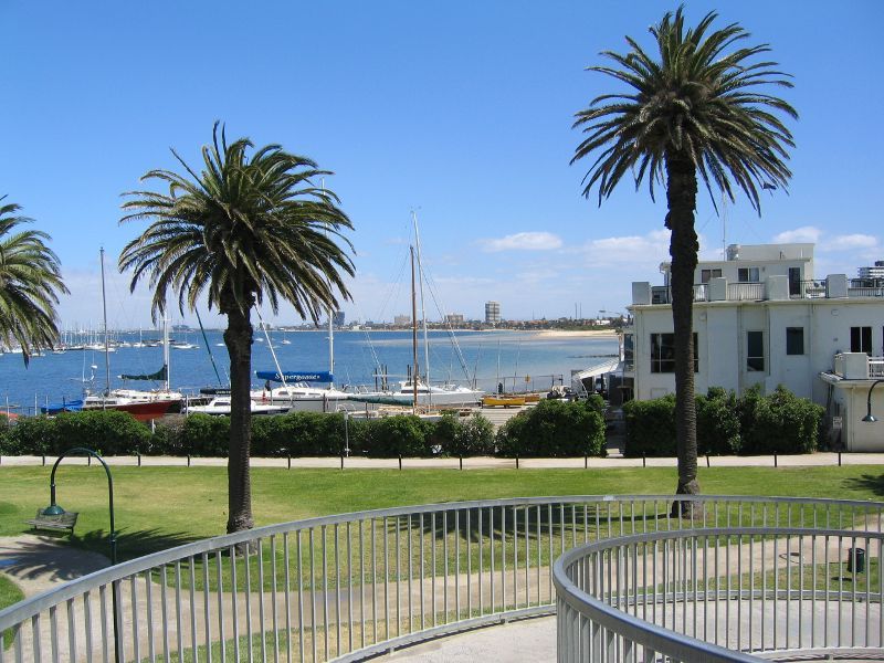 St Kilda - Gardens at southern end of Pier Road and at entrance to St Kilda Pier: North-westerly view towards yacht club and harbour from footbridge