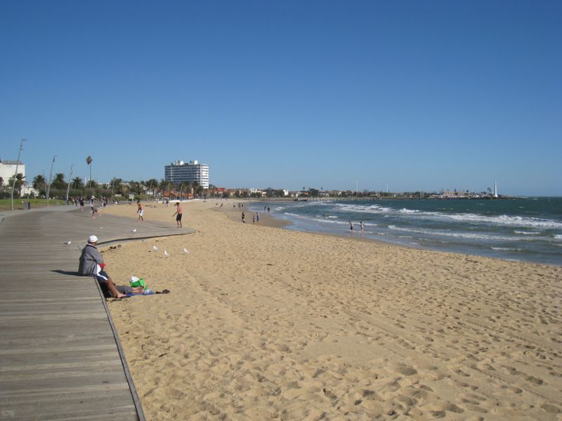 St Kilda - St Kilda Beach, Brooks Jetty and foreshore gardens: View south-east along boardwalk and beach