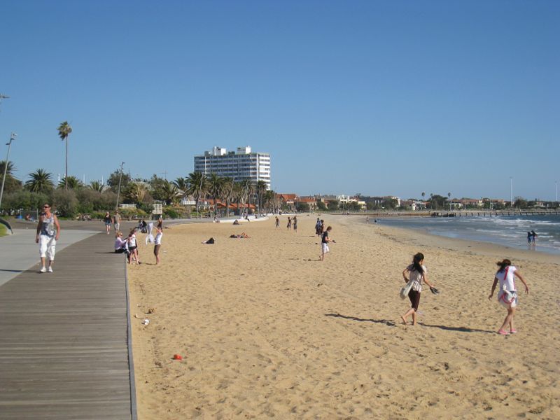 St Kilda - St Kilda Beach, Brooks Jetty and foreshore gardens: View south-east along boardwalk and beach