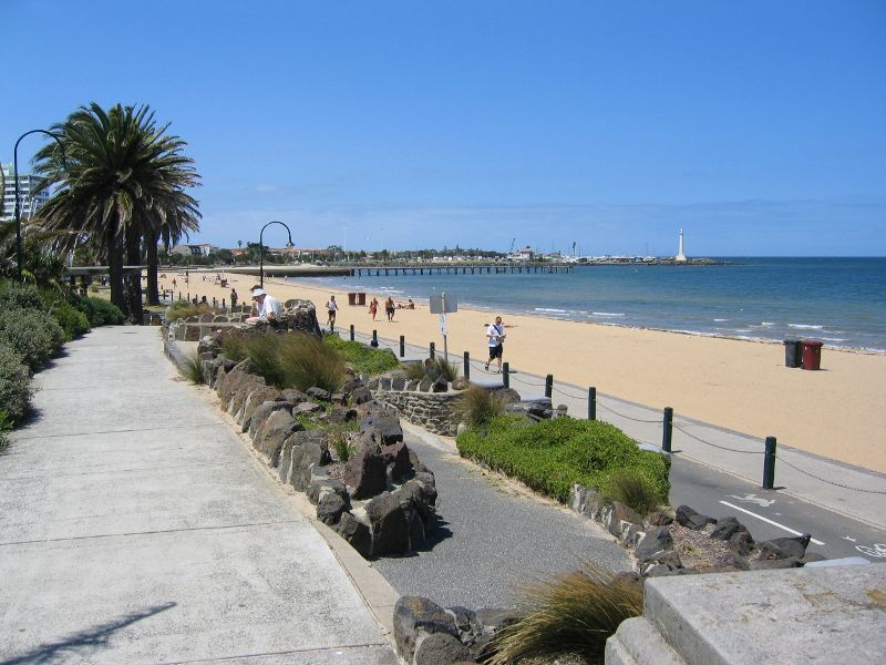 St Kilda - St Kilda Beach, Brooks Jetty and foreshore gardens: View south-east along foreshore and beach