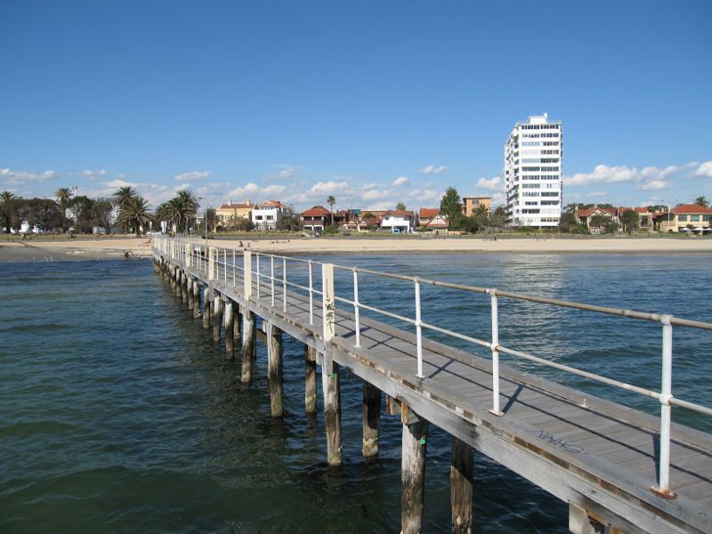 St Kilda - St Kilda Beach, Brooks Jetty and foreshore gardens: View along jetty towards beach