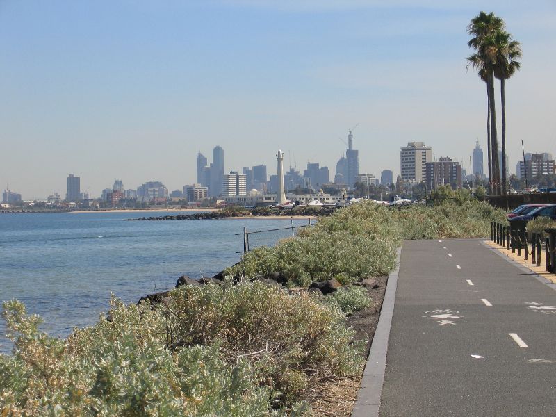 St Kilda - St Kilda Marina: View north along coast from main car park towards city skyline