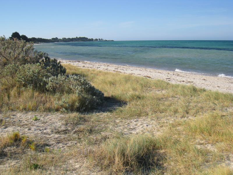 St Leonards - Beach and coastline north of town centre along The Esplanade: View north along beach near Salt Lagoon
