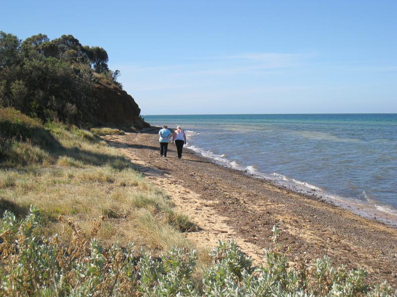 St Leonards - The Bluff and surrounding coast, Bluff Road: View north along beach towards The Bluff