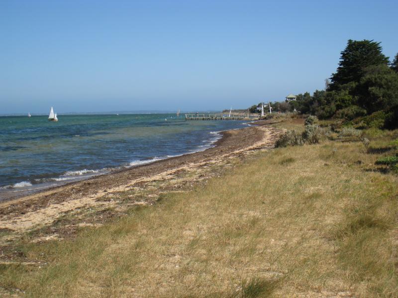 St Leonards - Lower Bluff Road: View south along beach towards yacht club