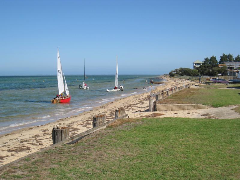 St Leonards - Yacht club and surrounding foreshore, southern end of Lower Bluff Road: View south along beach in front of yacht club