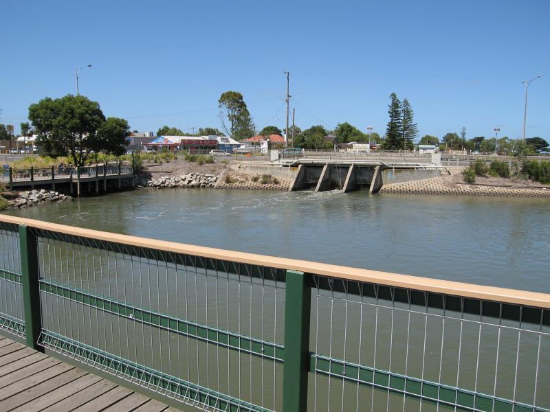 Tooradin - Sawtells Inlet north of South Gippsland Highway: View south across Sawtells Inlet from footbridge towards highway