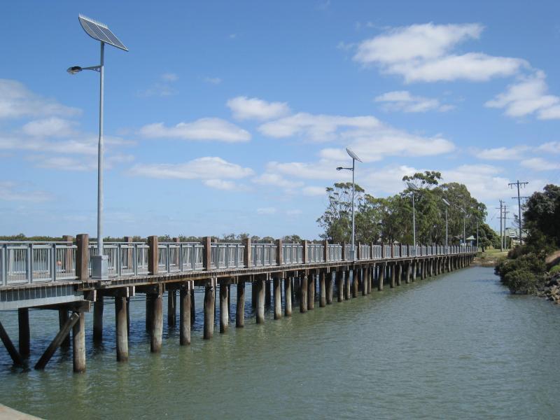 Tooradin - Sawtells Inlet and jetty, Foreshore Road: View west along footbridge across Sawtells Inlet