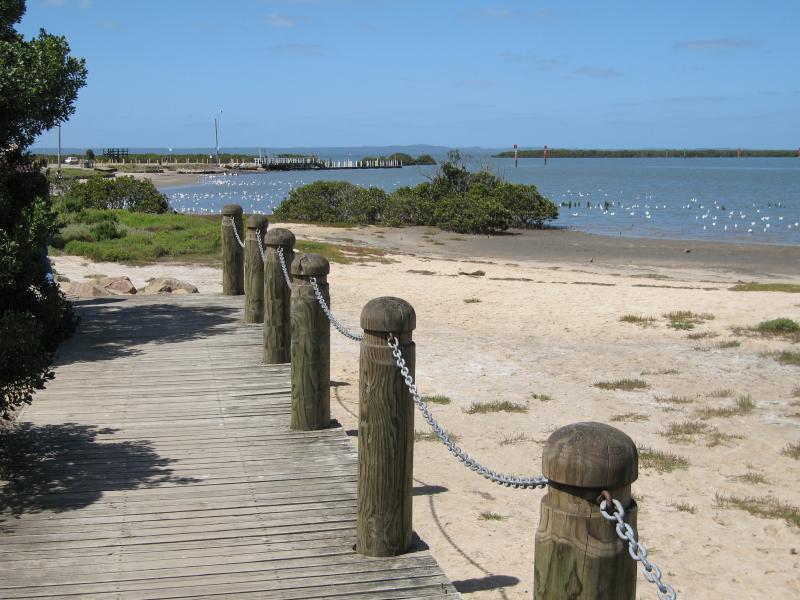 Tooradin - Landing Reserve picnic area fronting Sawtells Inlet, southern end of Foreshore Road: View south along coast from near playground towards boat ramp