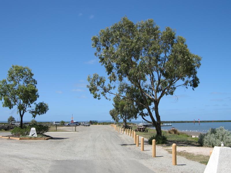 Tooradin - Boat ramp and surroundings, Sawtells Inlet south of Foreshore Road: View from southern end of Foreshore Rd to car park at boat ramp